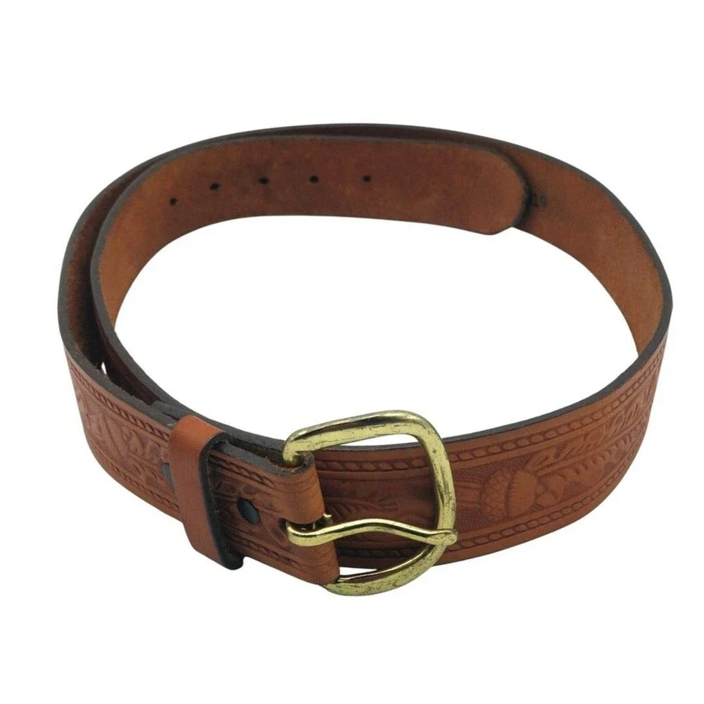 Vintage Western Tooled Leather Belt Acorn Oak Leaf USA Made Size 40 Brass Buckle